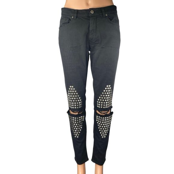 Gaelle Black Studded Distressed Ripped Knee Mid Rise Skinny Denim Jeans Pants 27 - Picture 1 of 7